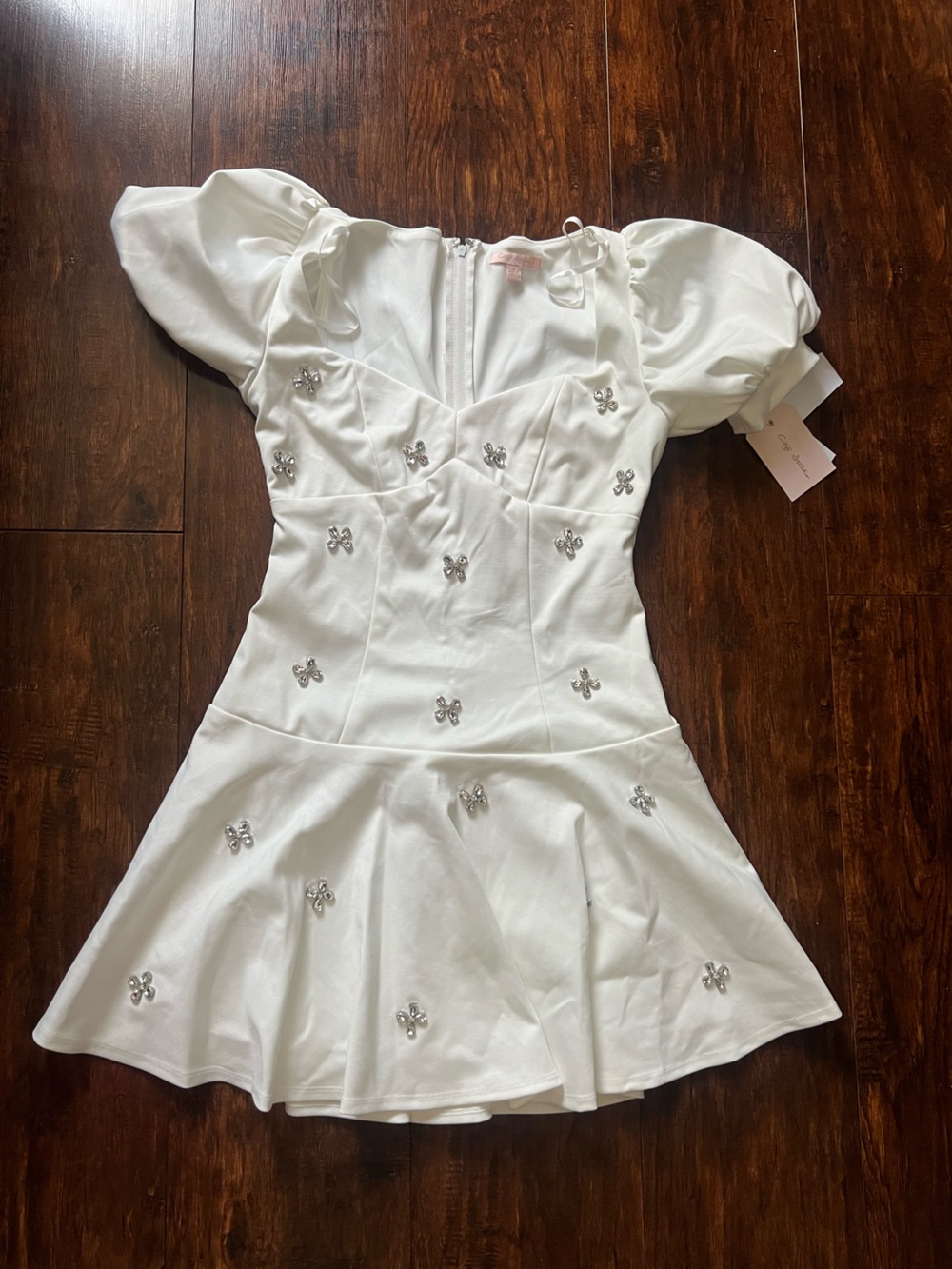 Macy's White Mini Dress with Puff Sleeves and Embellishments